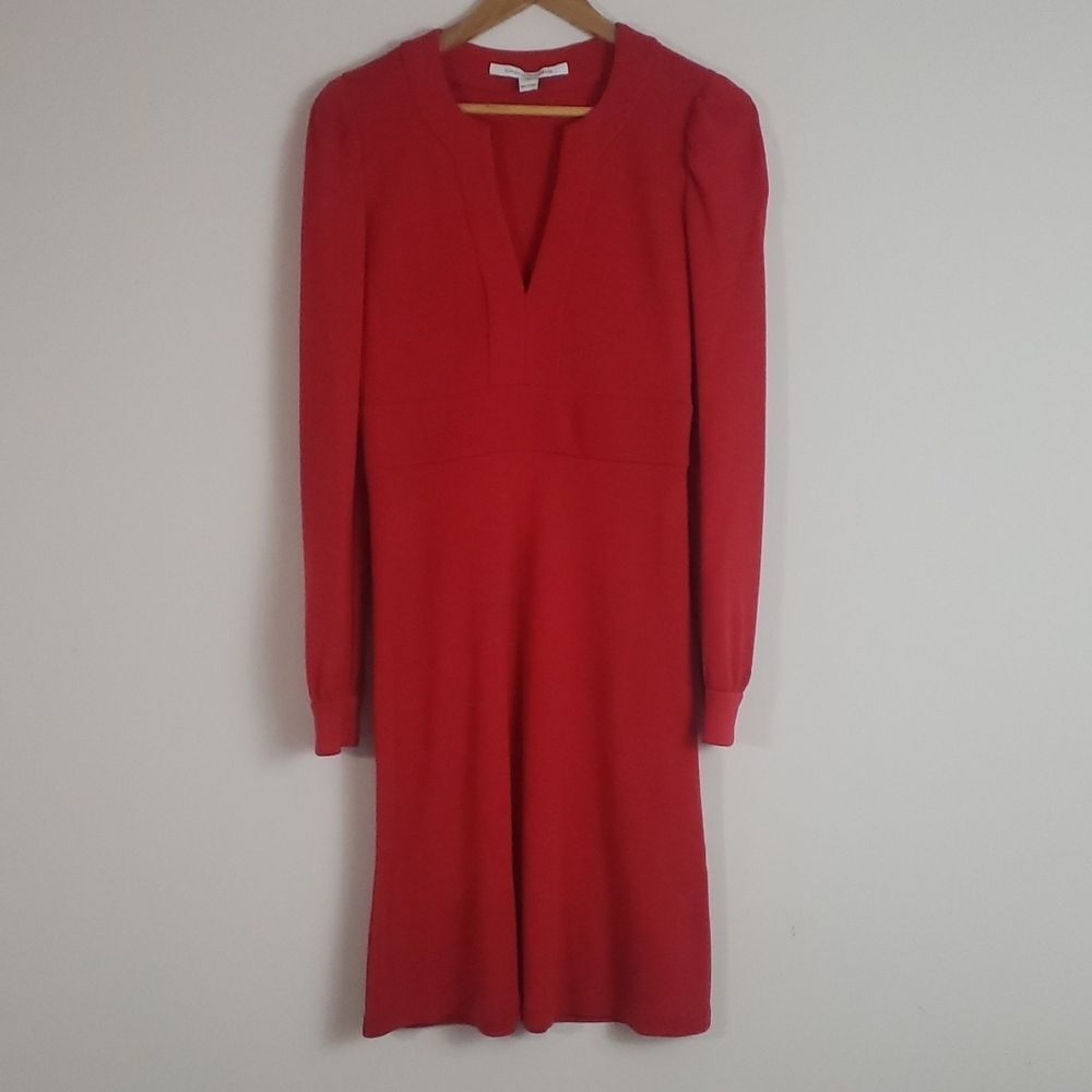 Diane Von Furstenberg Long Sleeve Dress Red 6 Wool Fit & Flare Romantic Classic
